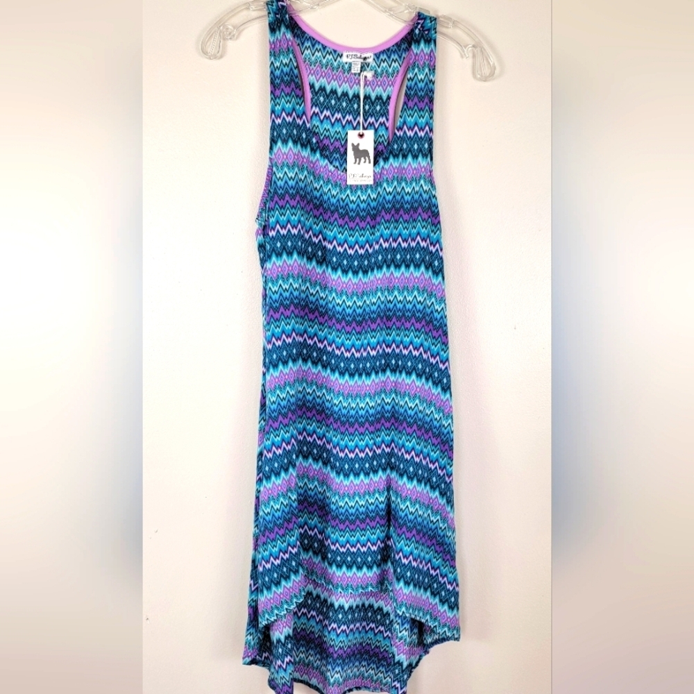 PJ Salvage Blue Purple Zigzag Hi-Lo Rayon Racerback Dress Sundress Medium